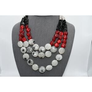 LOFT Three Strand Statement Necklace Glass Lucite Beads Red Black White
